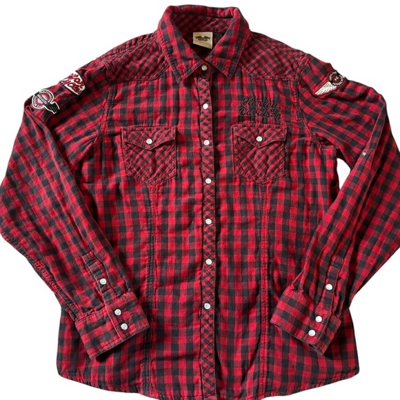 Harley-Davidson Tops - Harley Davidson Women’s Plaid Button Down Shirt L Red Black Patch Logo 2012